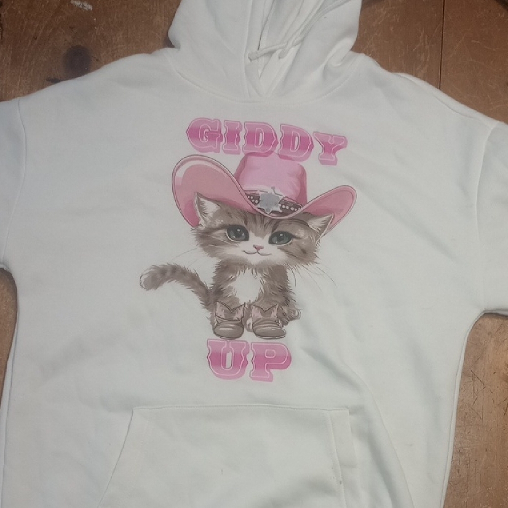 White Hoodie with Cartoon Cat and Pink Accents